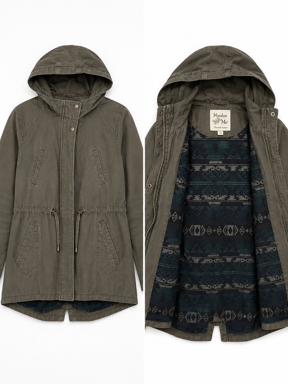 Maralyn & Me Olive Hooded Utility Jacket with Patterned Liner
